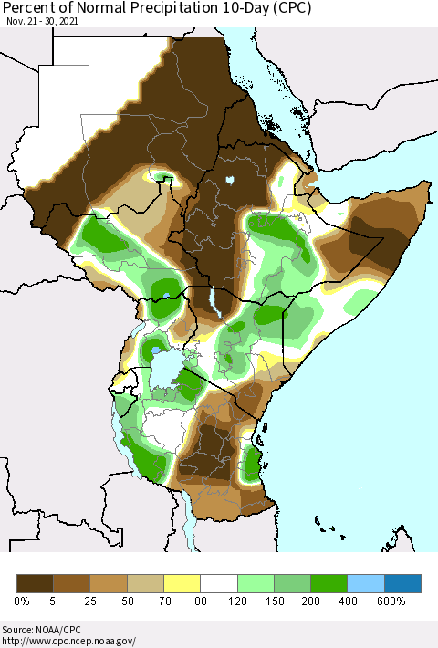 Eastern Africa Percent of Normal Precipitation 10-Day (CPC) Thematic Map For 11/21/2021 - 11/30/2021