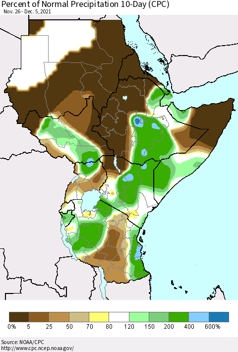 Eastern Africa Percent of Normal Precipitation 10-Day (CPC) Thematic Map For 11/26/2021 - 12/5/2021