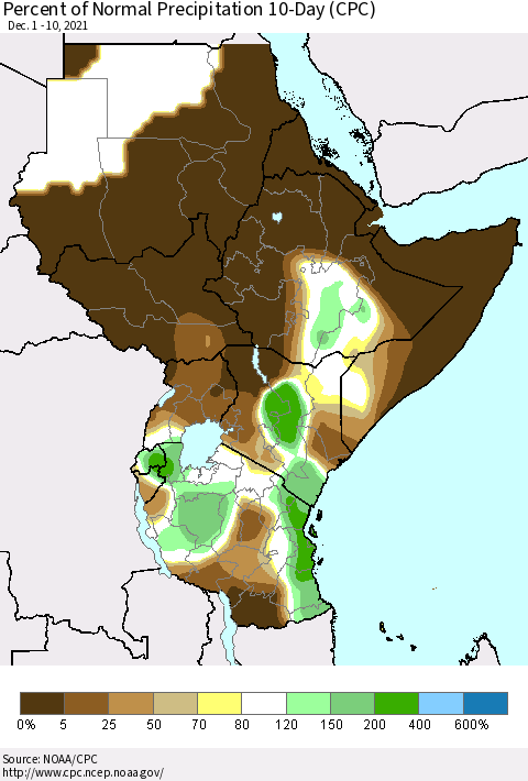 Eastern Africa Percent of Normal Precipitation 10-Day (CPC) Thematic Map For 12/1/2021 - 12/10/2021
