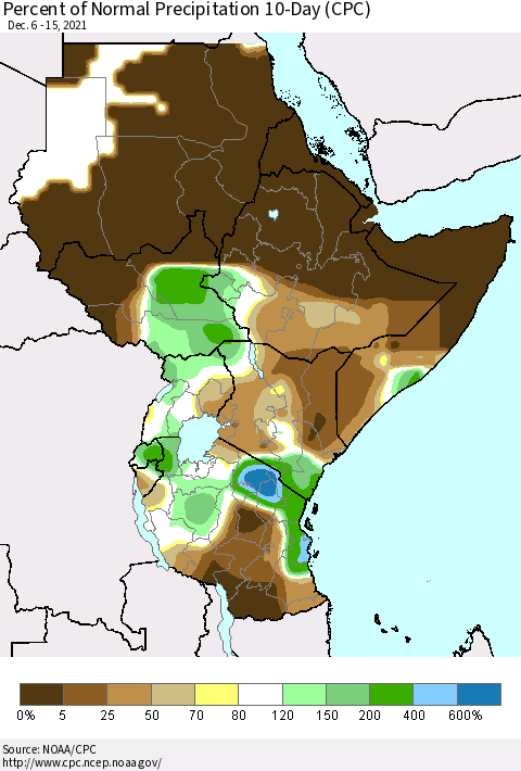 Eastern Africa Percent of Normal Precipitation 10-Day (CPC) Thematic Map For 12/6/2021 - 12/15/2021