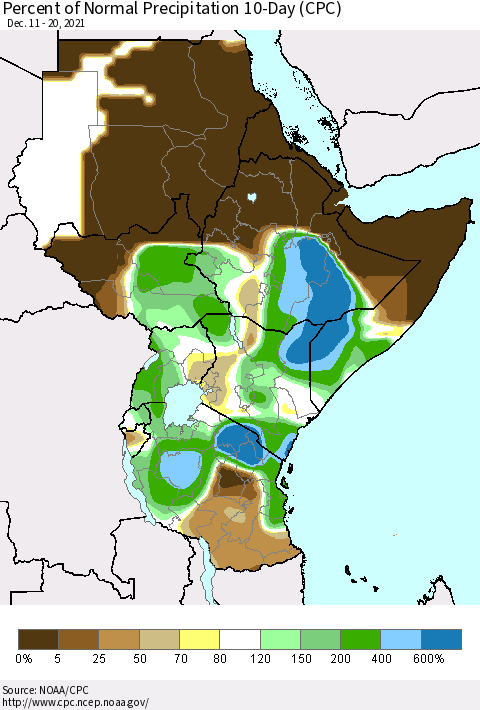 Eastern Africa Percent of Normal Precipitation 10-Day (CPC) Thematic Map For 12/11/2021 - 12/20/2021