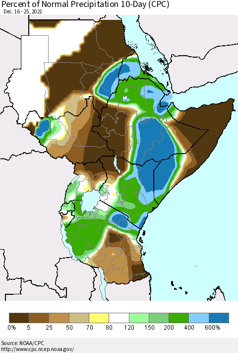 Eastern Africa Percent of Normal Precipitation 10-Day (CPC) Thematic Map For 12/16/2021 - 12/25/2021