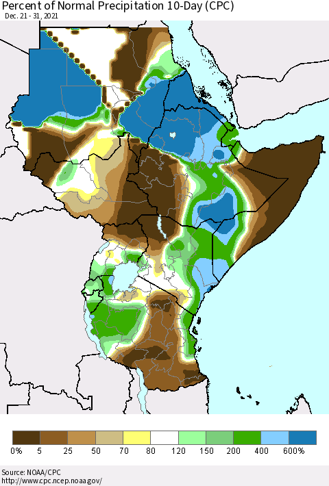 Eastern Africa Percent of Normal Precipitation 10-Day (CPC) Thematic Map For 12/21/2021 - 12/31/2021