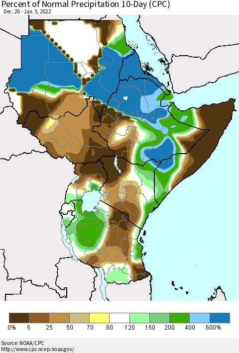 Eastern Africa Percent of Normal Precipitation 10-Day (CPC) Thematic Map For 12/26/2021 - 1/5/2022