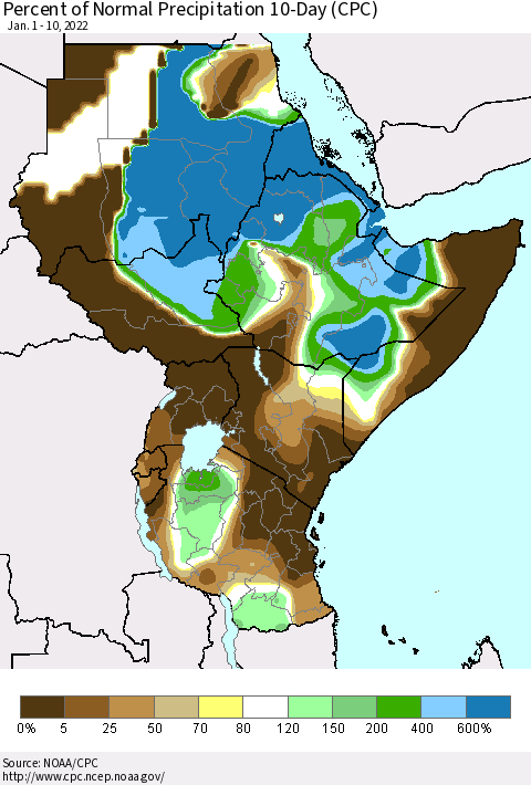 Eastern Africa Percent of Normal Precipitation 10-Day (CPC) Thematic Map For 1/1/2022 - 1/10/2022