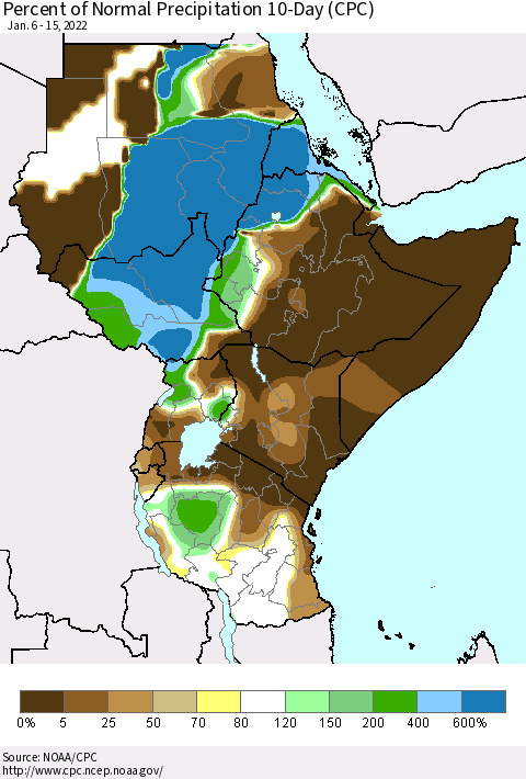 Eastern Africa Percent of Normal Precipitation 10-Day (CPC) Thematic Map For 1/6/2022 - 1/15/2022