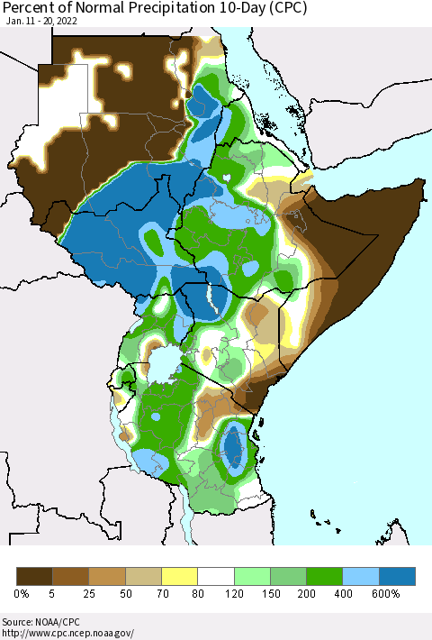 Eastern Africa Percent of Normal Precipitation 10-Day (CPC) Thematic Map For 1/11/2022 - 1/20/2022