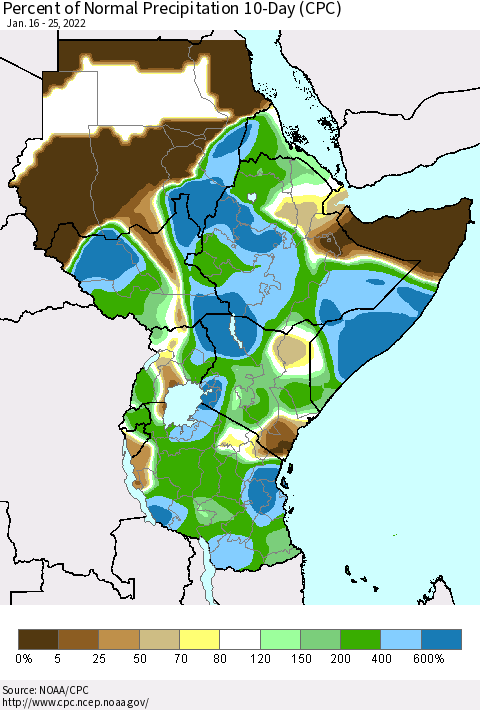 Eastern Africa Percent of Normal Precipitation 10-Day (CPC) Thematic Map For 1/16/2022 - 1/25/2022
