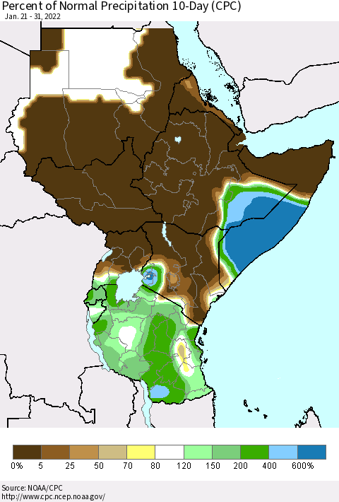 Eastern Africa Percent of Normal Precipitation 10-Day (CPC) Thematic Map For 1/21/2022 - 1/31/2022