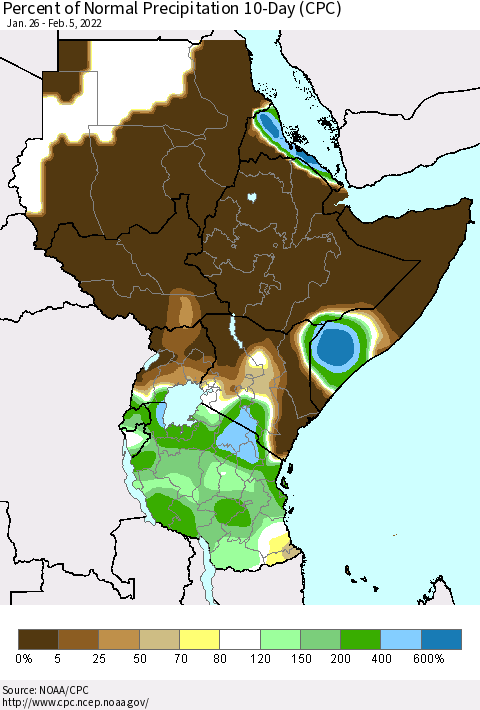 Eastern Africa Percent of Normal Precipitation 10-Day (CPC) Thematic Map For 1/26/2022 - 2/5/2022