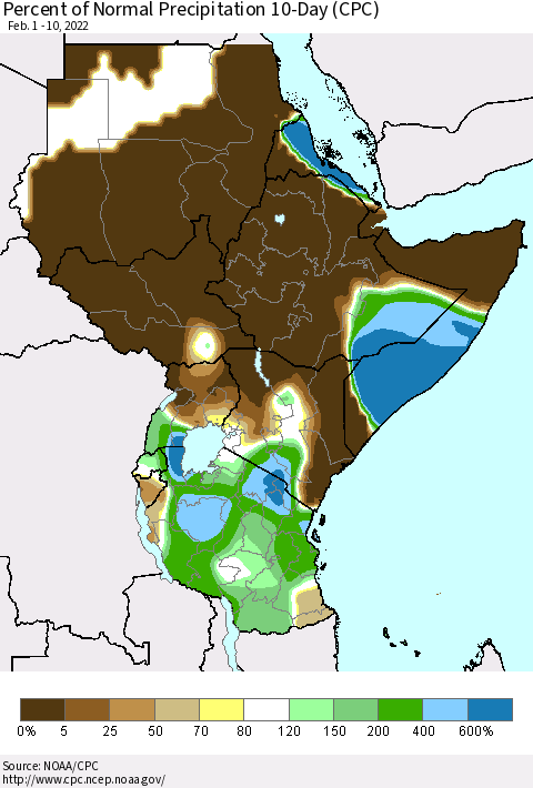 Eastern Africa Percent of Normal Precipitation 10-Day (CPC) Thematic Map For 2/1/2022 - 2/10/2022