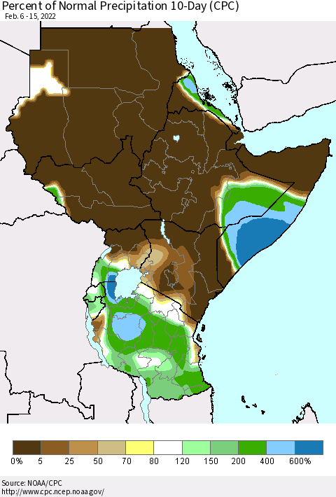 Eastern Africa Percent of Normal Precipitation 10-Day (CPC) Thematic Map For 2/6/2022 - 2/15/2022