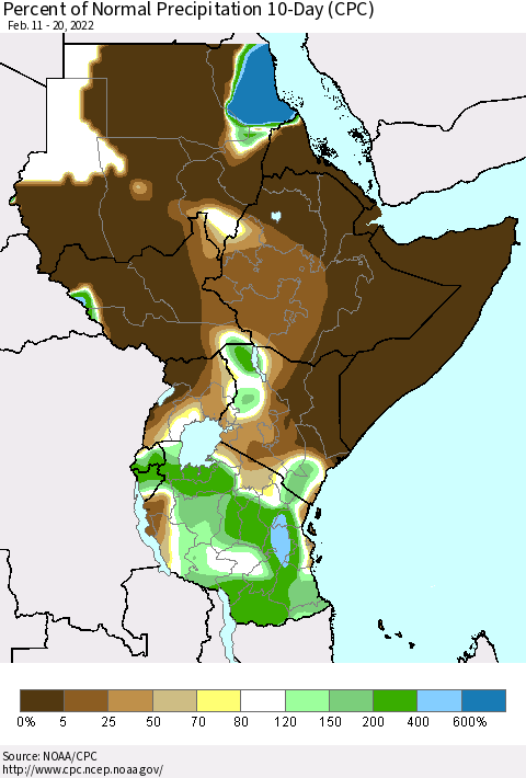 Eastern Africa Percent of Normal Precipitation 10-Day (CPC) Thematic Map For 2/11/2022 - 2/20/2022