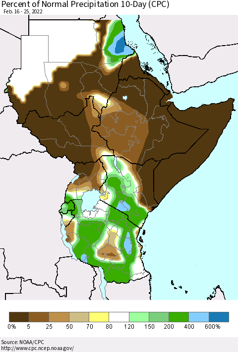 Eastern Africa Percent of Normal Precipitation 10-Day (CPC) Thematic Map For 2/16/2022 - 2/25/2022