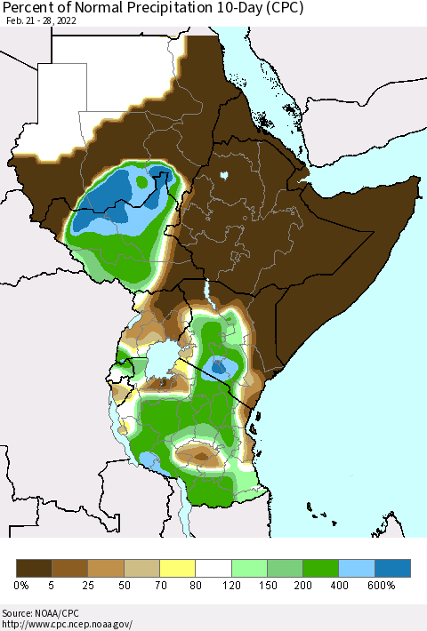 Eastern Africa Percent of Normal Precipitation 10-Day (CPC) Thematic Map For 2/21/2022 - 2/28/2022