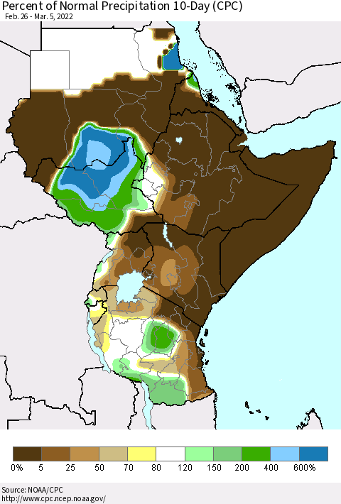 Eastern Africa Percent of Normal Precipitation 10-Day (CPC) Thematic Map For 2/26/2022 - 3/5/2022