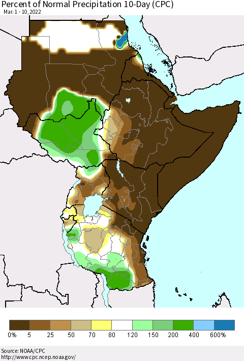 Eastern Africa Percent of Normal Precipitation 10-Day (CPC) Thematic Map For 3/1/2022 - 3/10/2022