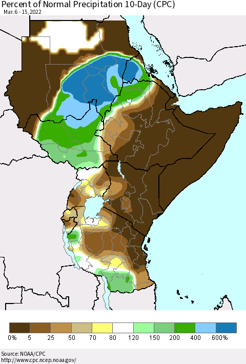 Eastern Africa Percent of Normal Precipitation 10-Day (CPC) Thematic Map For 3/6/2022 - 3/15/2022