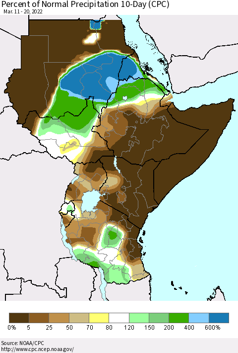 Eastern Africa Percent of Normal Precipitation 10-Day (CPC) Thematic Map For 3/11/2022 - 3/20/2022