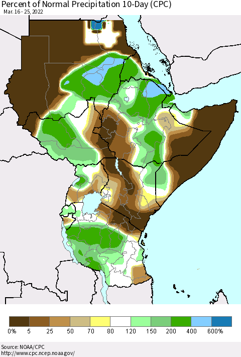 Eastern Africa Percent of Normal Precipitation 10-Day (CPC) Thematic Map For 3/16/2022 - 3/25/2022