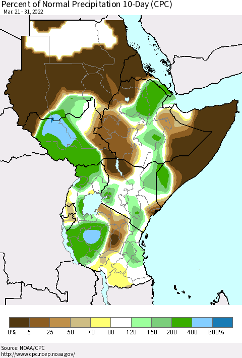 Eastern Africa Percent of Normal Precipitation 10-Day (CPC) Thematic Map For 3/21/2022 - 3/31/2022