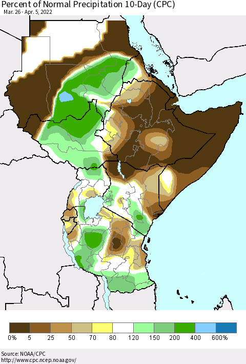 Eastern Africa Percent of Normal Precipitation 10-Day (CPC) Thematic Map For 3/26/2022 - 4/5/2022