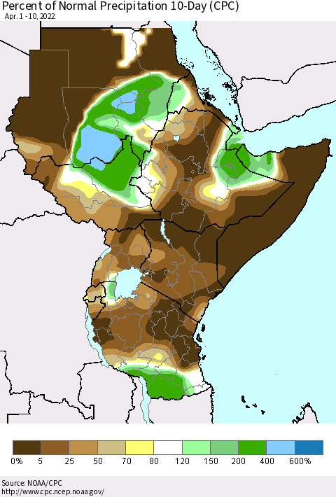 Eastern Africa Percent of Normal Precipitation 10-Day (CPC) Thematic Map For 4/1/2022 - 4/10/2022