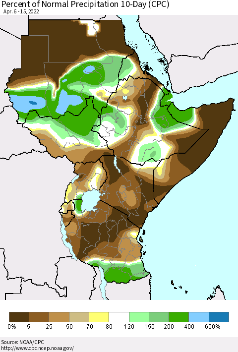 Eastern Africa Percent of Normal Precipitation 10-Day (CPC) Thematic Map For 4/6/2022 - 4/15/2022