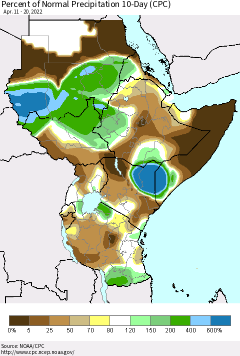 Eastern Africa Percent of Normal Precipitation 10-Day (CPC) Thematic Map For 4/11/2022 - 4/20/2022