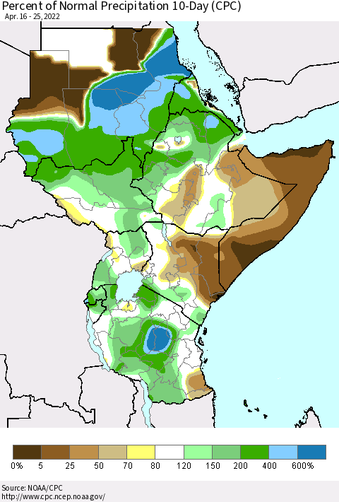Eastern Africa Percent of Normal Precipitation 10-Day (CPC) Thematic Map For 4/16/2022 - 4/25/2022
