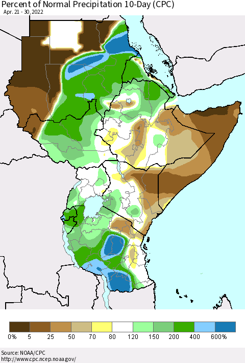 Eastern Africa Percent of Normal Precipitation 10-Day (CPC) Thematic Map For 4/21/2022 - 4/30/2022