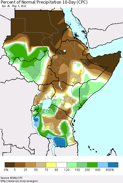 Eastern Africa Percent of Normal Precipitation 10-Day (CPC) Thematic Map For 4/26/2022 - 5/5/2022