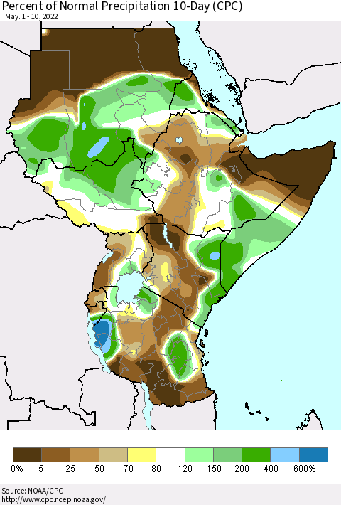 Eastern Africa Percent of Normal Precipitation 10-Day (CPC) Thematic Map For 5/1/2022 - 5/10/2022
