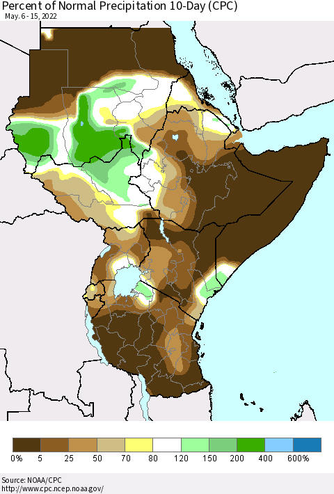 Eastern Africa Percent of Normal Precipitation 10-Day (CPC) Thematic Map For 5/6/2022 - 5/15/2022