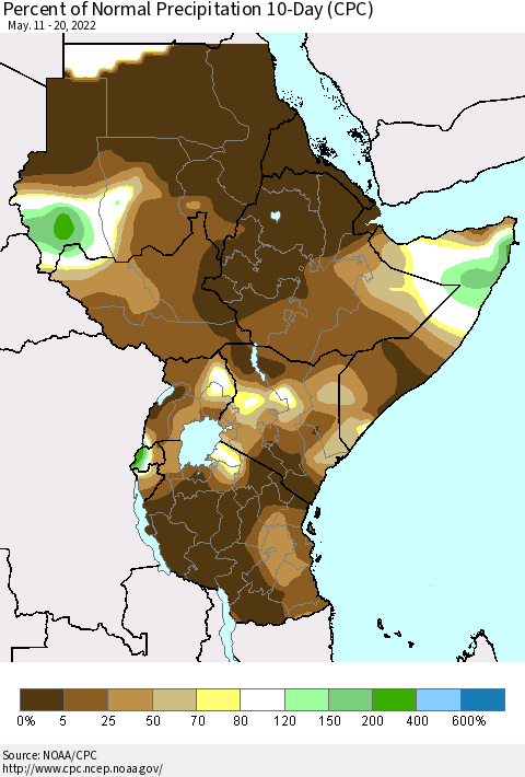 Eastern Africa Percent of Normal Precipitation 10-Day (CPC) Thematic Map For 5/11/2022 - 5/20/2022