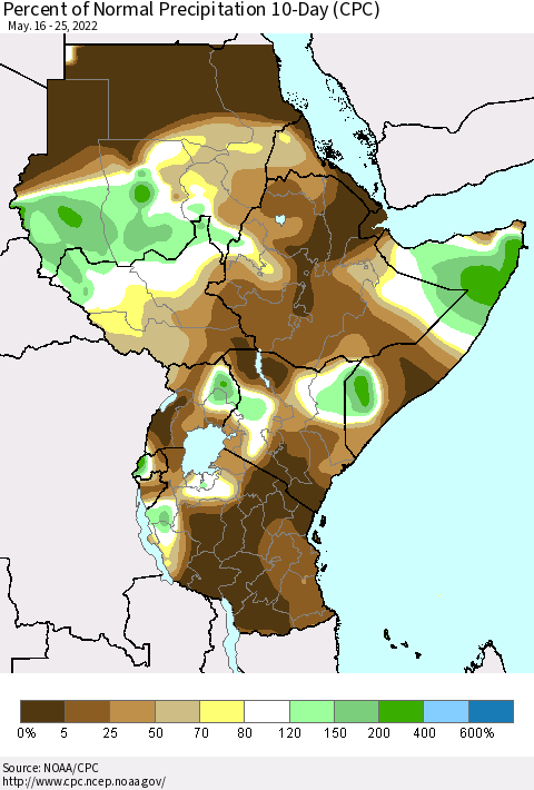 Eastern Africa Percent of Normal Precipitation 10-Day (CPC) Thematic Map For 5/16/2022 - 5/25/2022