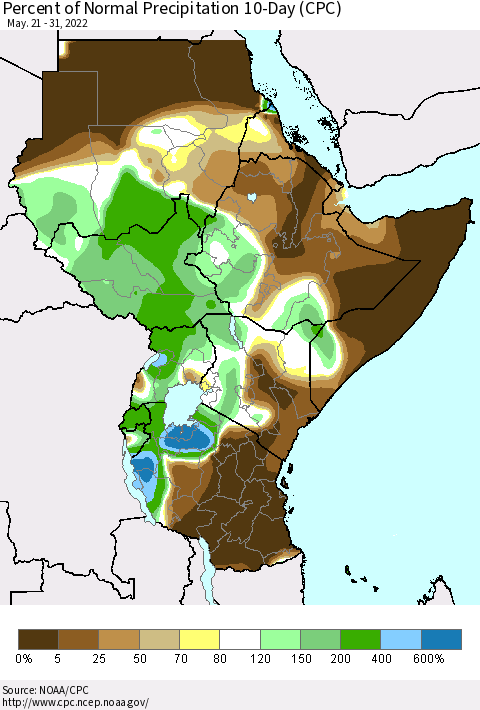 Eastern Africa Percent of Normal Precipitation 10-Day (CPC) Thematic Map For 5/21/2022 - 5/31/2022