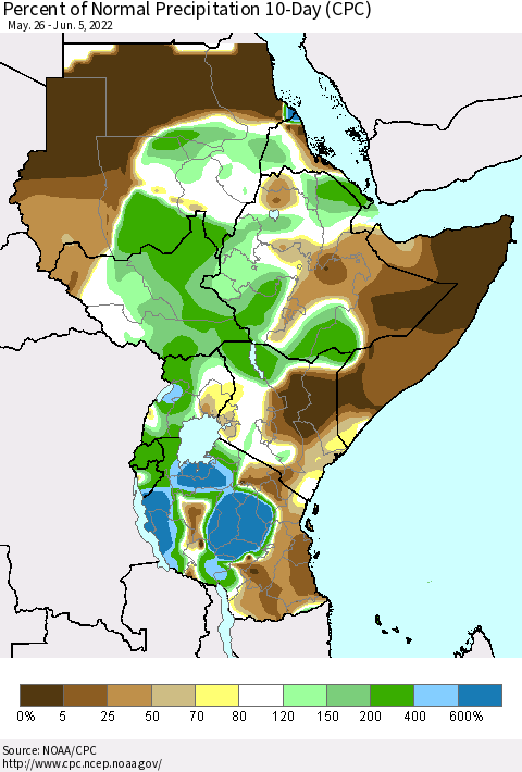 Eastern Africa Percent of Normal Precipitation 10-Day (CPC) Thematic Map For 5/26/2022 - 6/5/2022