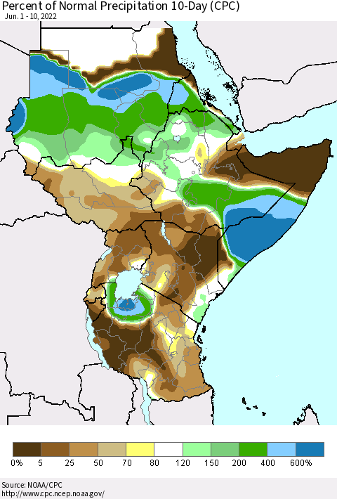 Eastern Africa Percent of Normal Precipitation 10-Day (CPC) Thematic Map For 6/1/2022 - 6/10/2022