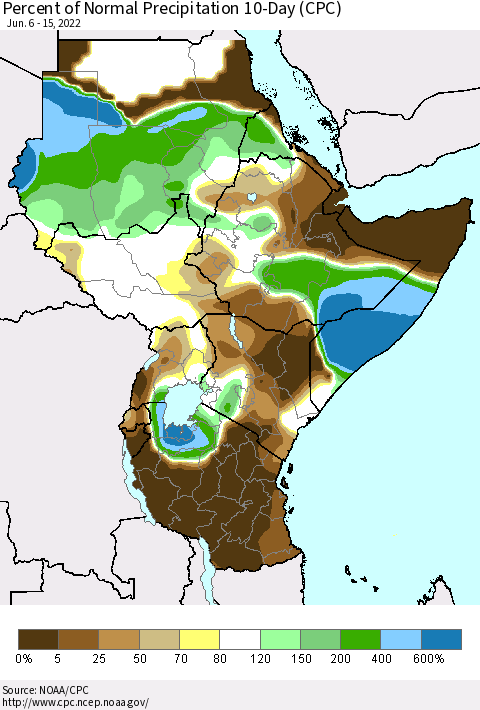 Eastern Africa Percent of Normal Precipitation 10-Day (CPC) Thematic Map For 6/6/2022 - 6/15/2022