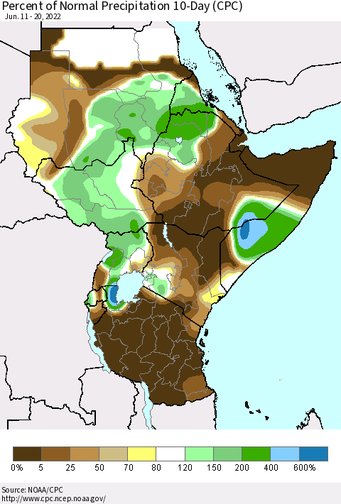 Eastern Africa Percent of Normal Precipitation 10-Day (CPC) Thematic Map For 6/11/2022 - 6/20/2022