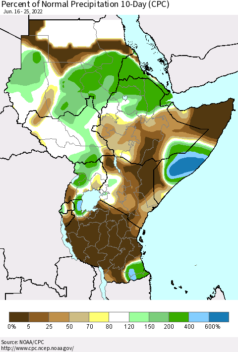 Eastern Africa Percent of Normal Precipitation 10-Day (CPC) Thematic Map For 6/16/2022 - 6/25/2022