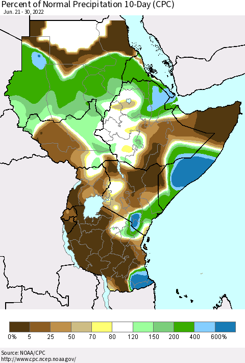 Eastern Africa Percent of Normal Precipitation 10-Day (CPC) Thematic Map For 6/21/2022 - 6/30/2022