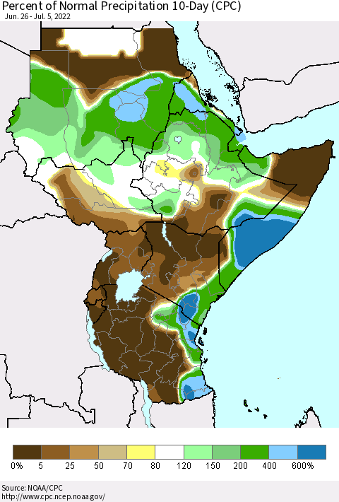 Eastern Africa Percent of Normal Precipitation 10-Day (CPC) Thematic Map For 6/26/2022 - 7/5/2022