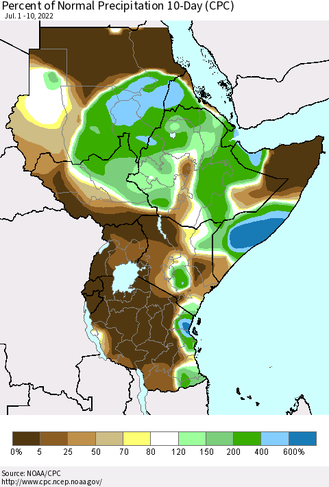 Eastern Africa Percent of Normal Precipitation 10-Day (CPC) Thematic Map For 7/1/2022 - 7/10/2022
