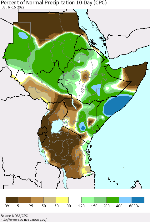 Eastern Africa Percent of Normal Precipitation 10-Day (CPC) Thematic Map For 7/6/2022 - 7/15/2022