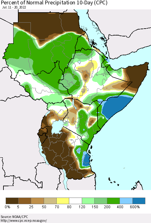 Eastern Africa Percent of Normal Precipitation 10-Day (CPC) Thematic Map For 7/11/2022 - 7/20/2022