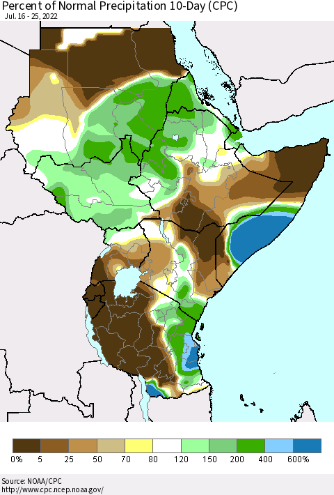 Eastern Africa Percent of Normal Precipitation 10-Day (CPC) Thematic Map For 7/16/2022 - 7/25/2022