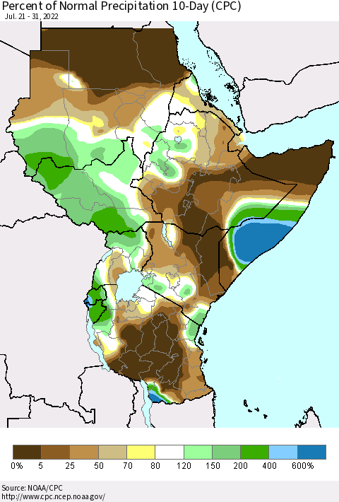 Eastern Africa Percent of Normal Precipitation 10-Day (CPC) Thematic Map For 7/21/2022 - 7/31/2022