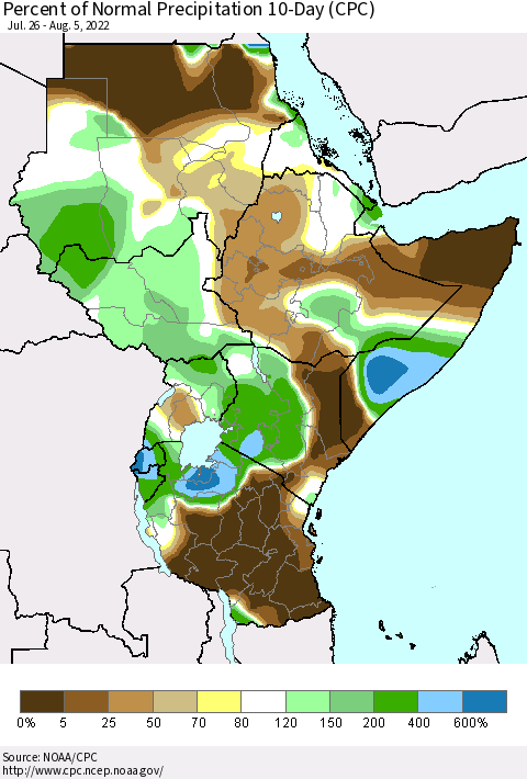Eastern Africa Percent of Normal Precipitation 10-Day (CPC) Thematic Map For 7/26/2022 - 8/5/2022